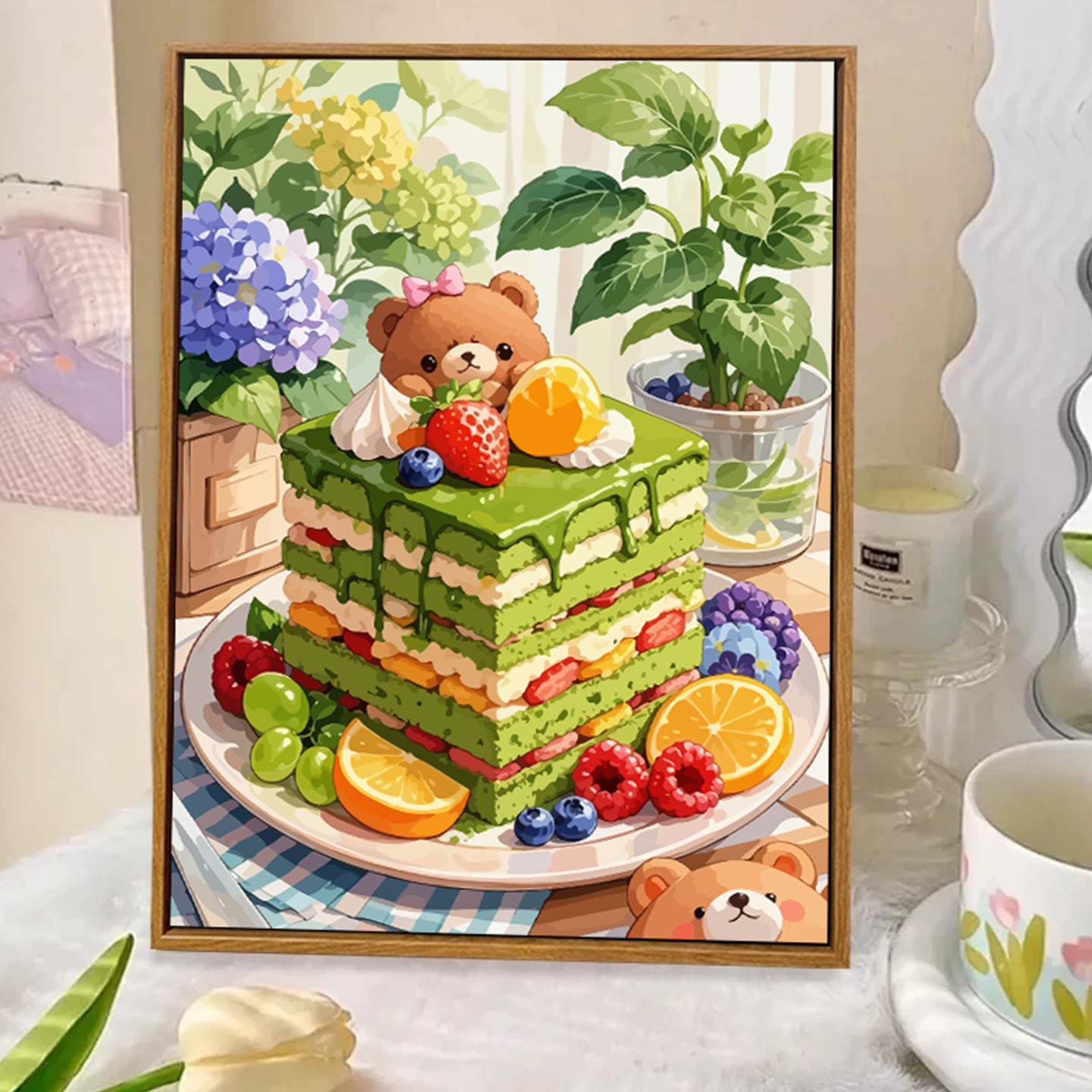 可爱小熊猫蛋糕甜品diy数字油画手绘填色卡通丙烯客厅摆件装饰画图片