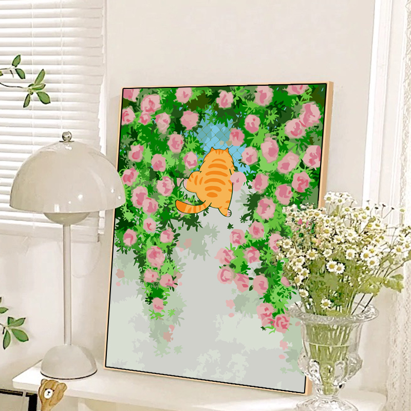 蔷薇猫咪diy数字油画手绘丙烯涂色手工填充填色卡通风景油彩装饰图片
