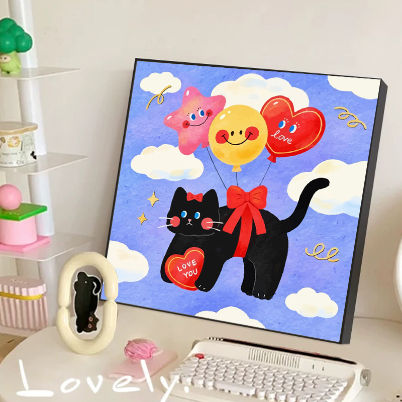 多巴胺卡通猫咪数字油画diy填充填色画手绘丙烯涂色简约动物装饰图片