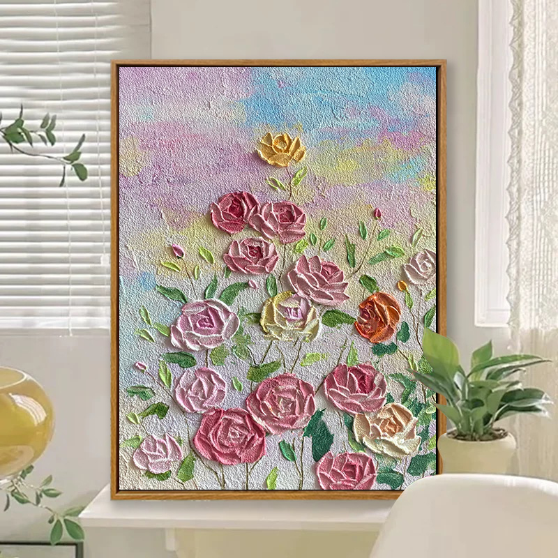 玫瑰奶油风肌理画数字油画diy手工丙烯填色填充立体石英砂装饰画图片