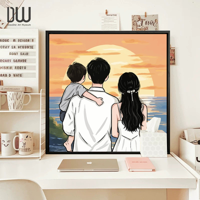 定制一家三口卡通真人油彩画diy