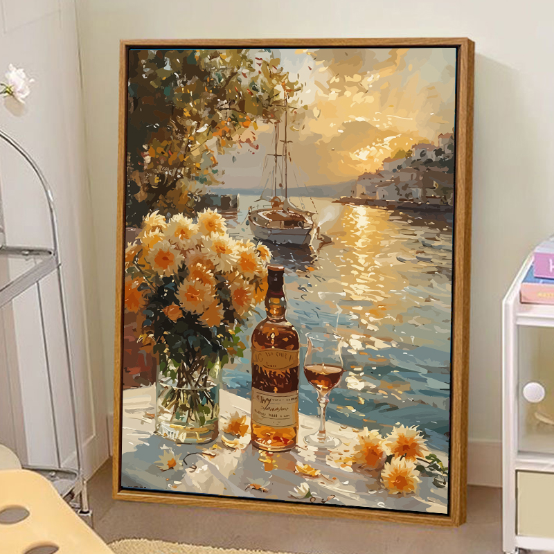 丙烯北欧风海边夕阳数字油画风景