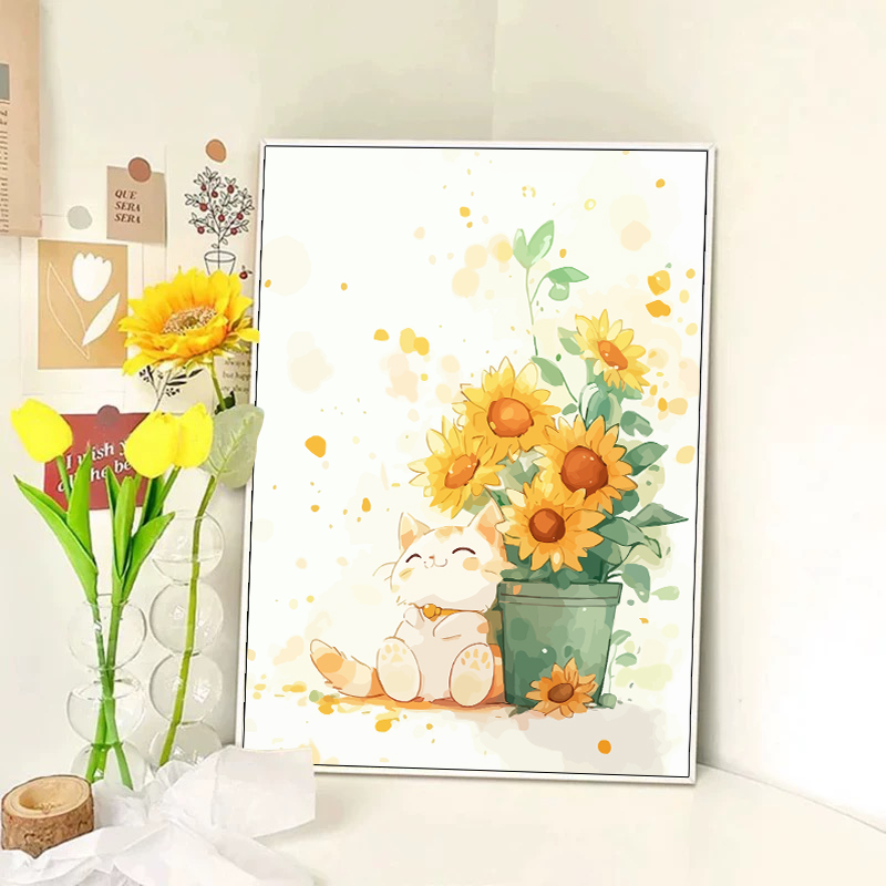 向日葵猫咪数字油画diy填色填充手工丙烯涂色卡通动物花卉装饰画图片