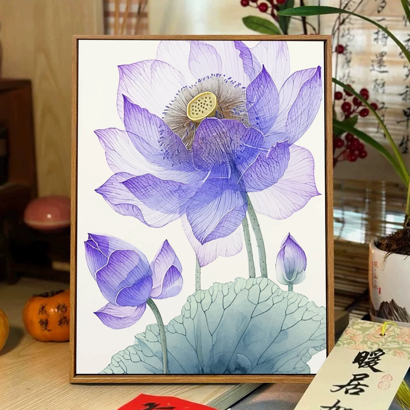 紫色荷花好运莲莲花卉diy数字油画手绘填充填色油彩画丙烯装饰画图片