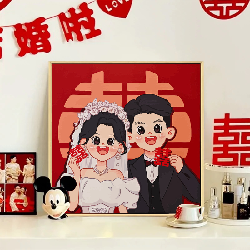 结婚订婚礼物数字油画diy填充填色手工画丙烯涂色定制卡通装饰画图片
