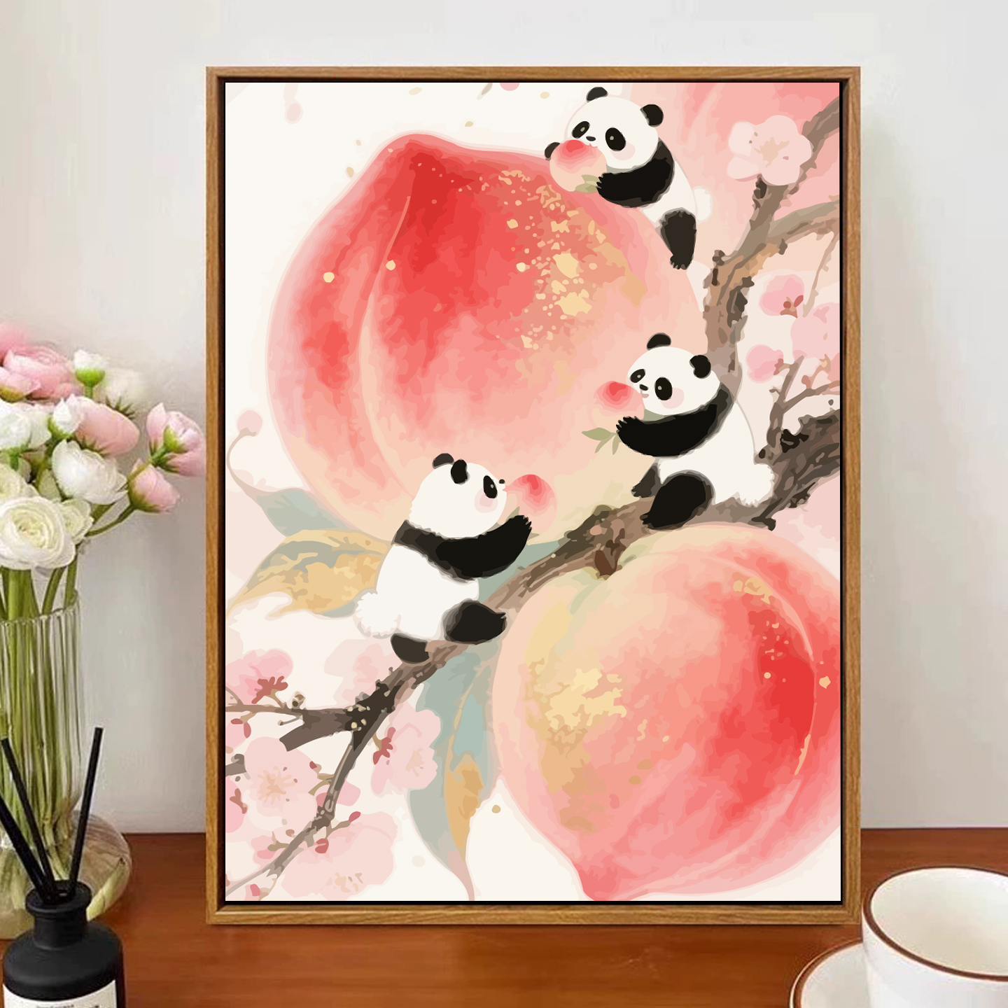 熊猫桃子新中式diy数字油画国潮手工填涂色丙烯画客厅摆件装饰画图片