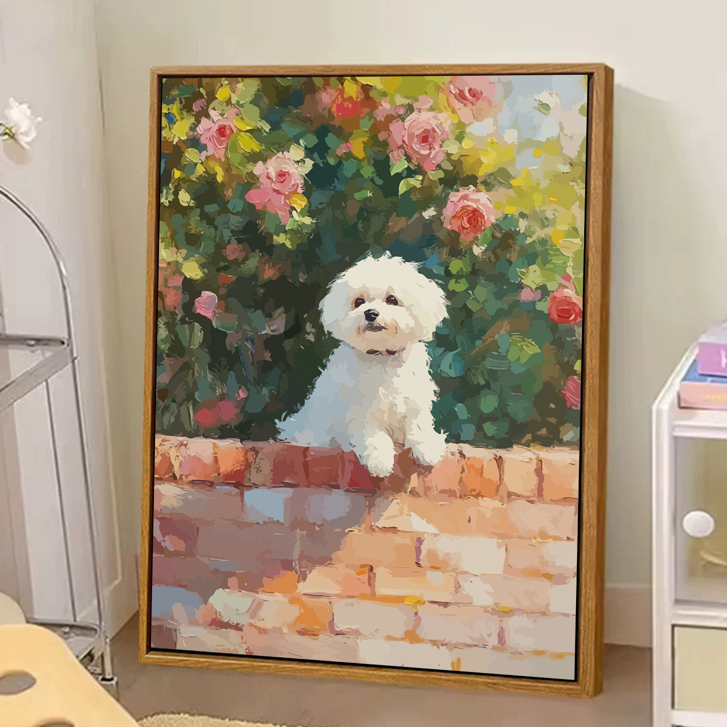 玫瑰园的狗狗可爱卡通diy数字油画手工填色客厅摆件丙烯画装饰画图片