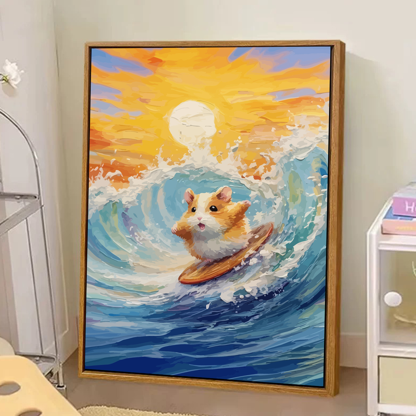 奶油风冲浪小仓鼠数字油画diy手工绘填充色丙烯画动物卡通装饰画图片