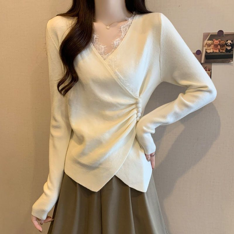 大码德绒设计感蕾丝拼接V领长袖T恤女秋冬季新款百搭打底衫上衣女