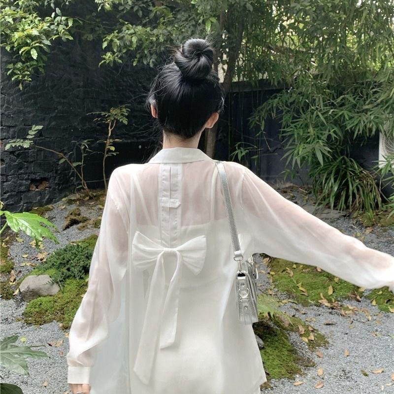 设计感蝴蝶结防晒开衫薄款女衬衫吊带连衣裙外搭罩衫夏季冰丝外套
