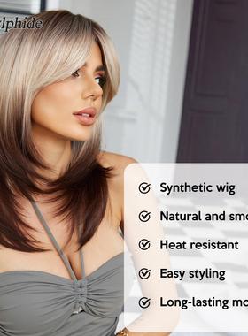 欧美八字刘海渐变辣妹亚裔挂耳染黑红色中长发层次个性假发女全头