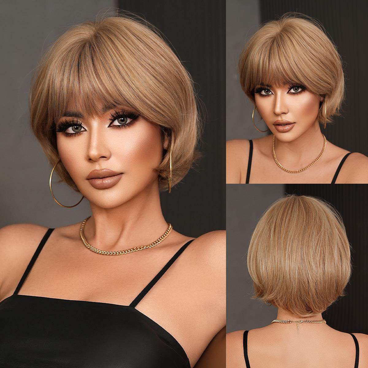 时尚假发女层次短发齐刘海亚麻咖棕发丝柔顺夏季气质波波头全头套