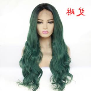 化纤假发欧美明星时尚渐变草绿色大波浪前蕾丝半手勾头套厂家