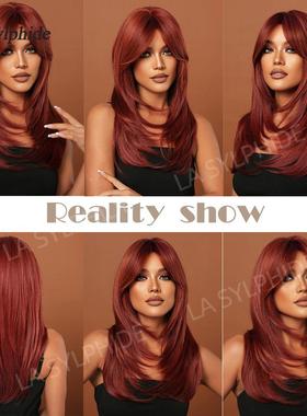 欧美假发女红棕色八字刘海长直发23inch机制化纤全头套Fiber wig