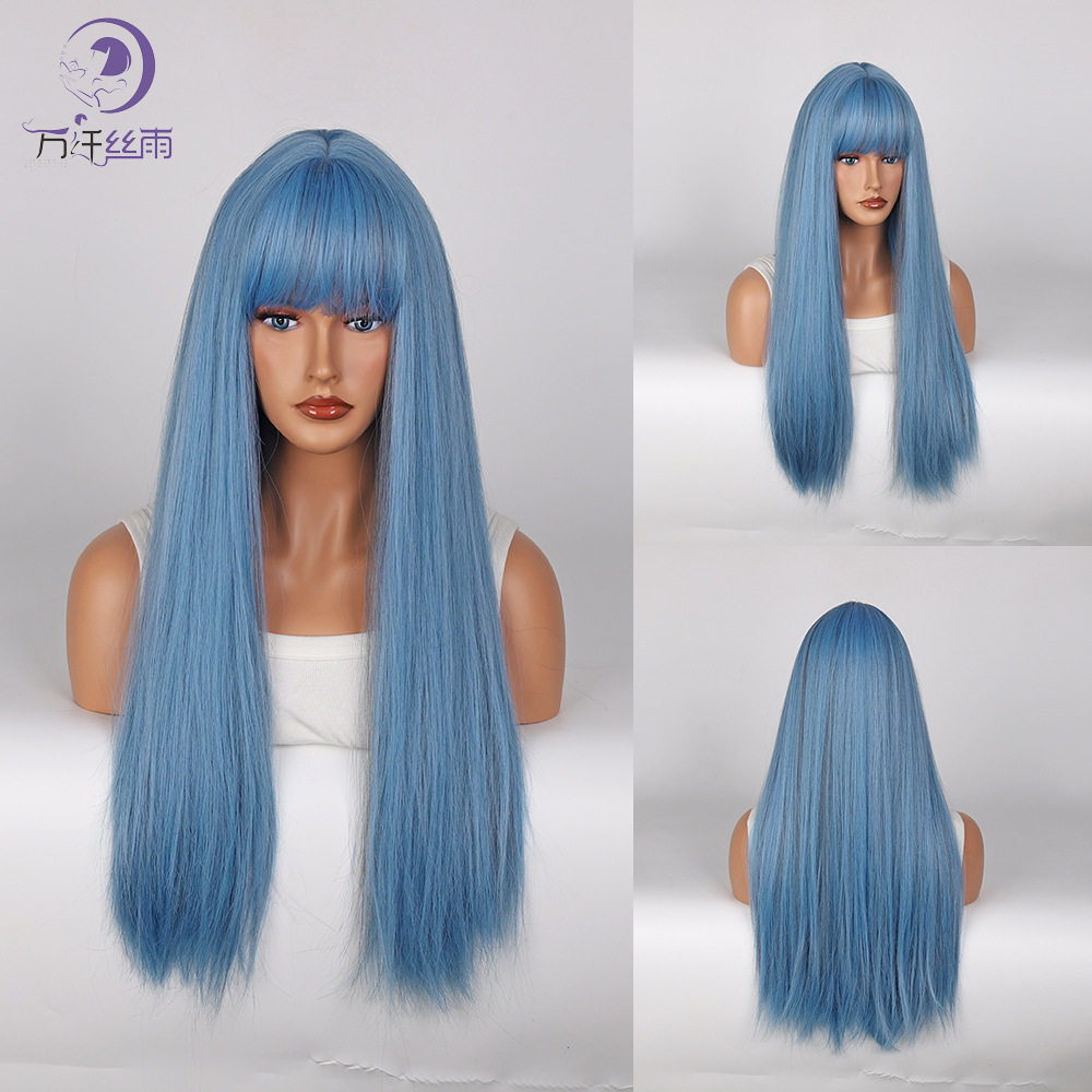 跨境欧美假发女挑染长直发70cm人鱼蓝挑染假发化纤机织合假发套
