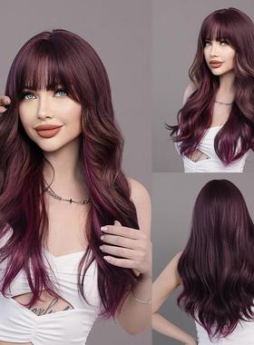 欧美新款挑染紫色齐刘海假发女长卷发大波浪Purple Wavy Wigs