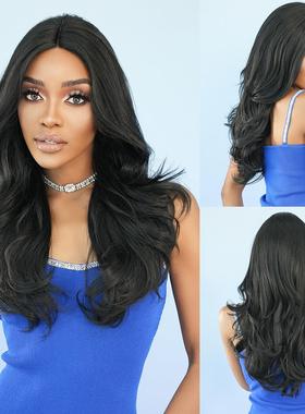 小T前额蕾丝假发自然黑色中分长卷发化纤发T-Part Lace Wig