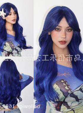 万圣节假发cos蓝色八字刘海长卷发化纤全头套欧美热销wigs跨境