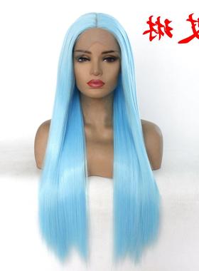 亚马逊假发 欧美浅蓝色中分直发化纤前蕾丝头套lace wigs厂家