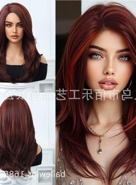暗红色假发偏分中等长度长发全头套化纤女hair欧美现货