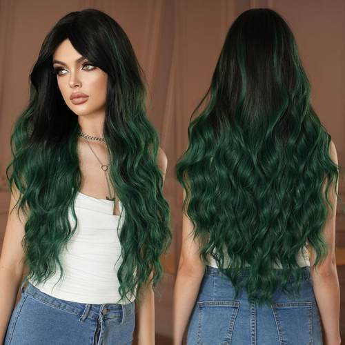 渐变墨绿色假发长卷发波浪八字刘海蓬松欧美网红彩色假发女全头套