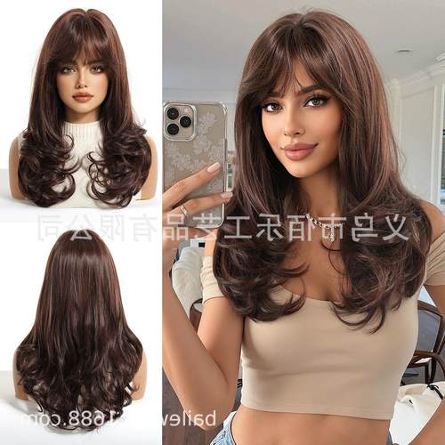 假发女全头套棕色齐刘海长卷发许昌假发化纤女wigs欧美现货头发