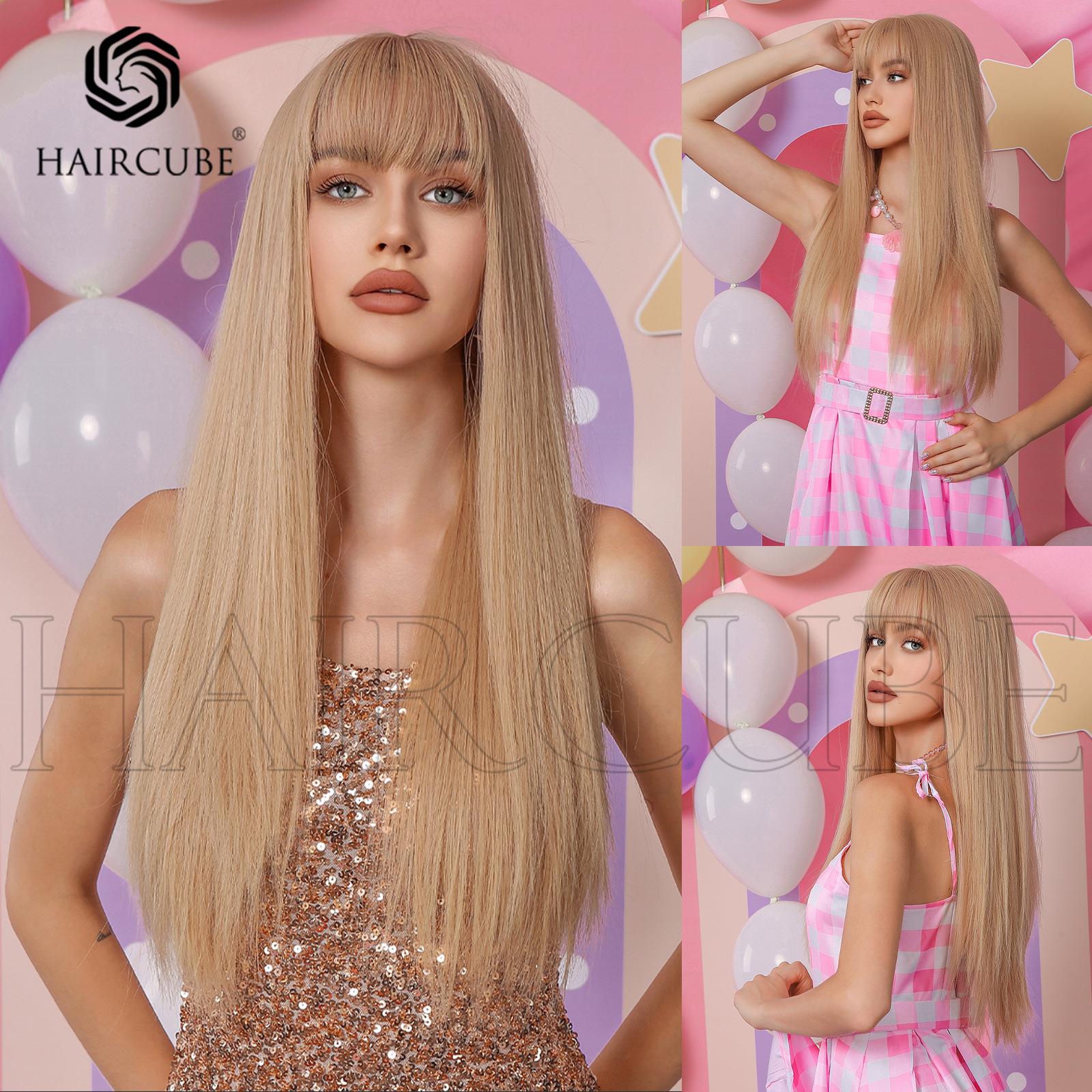 Barbie芭比 机制新品齐刘海浅金色长直发假发女wigs跨境热销