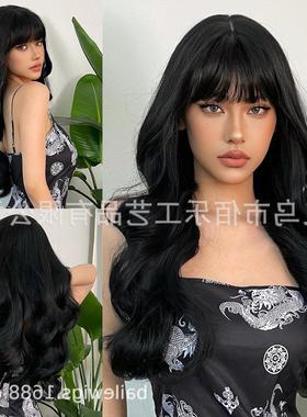 黑色假发长卷发齐刘海大波浪全头套欧美跨境许昌假发wigs