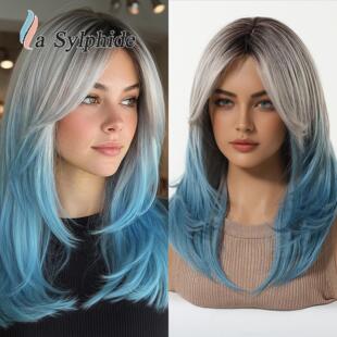 跨境爆款 渐变蓝长卷发自然层次锁骨wigs 化纤假发女款
