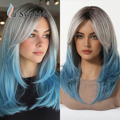 跨境爆款化纤假发女款渐变蓝长卷发自然层次锁骨wigs