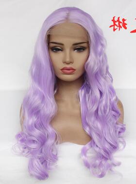 女士浅紫色大波浪假发 前蕾丝半手钩头套 外贸化纤假发 厂家
