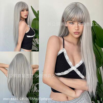 热卖假发 银灰色齐刘海长直发高温丝coaplay厂家跨境wigs