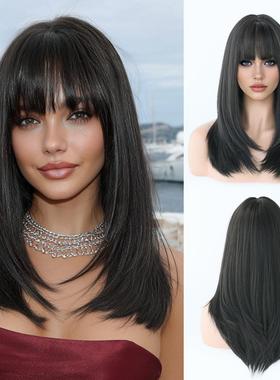 高品质20in齐肩假发女自然黑色层次假发自然全头套齐刘海直发出口