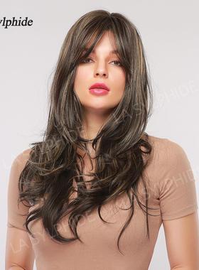 八字刘海假发微卷发hair 欧美假发女 棕色挑染红色高温丝头套wigs