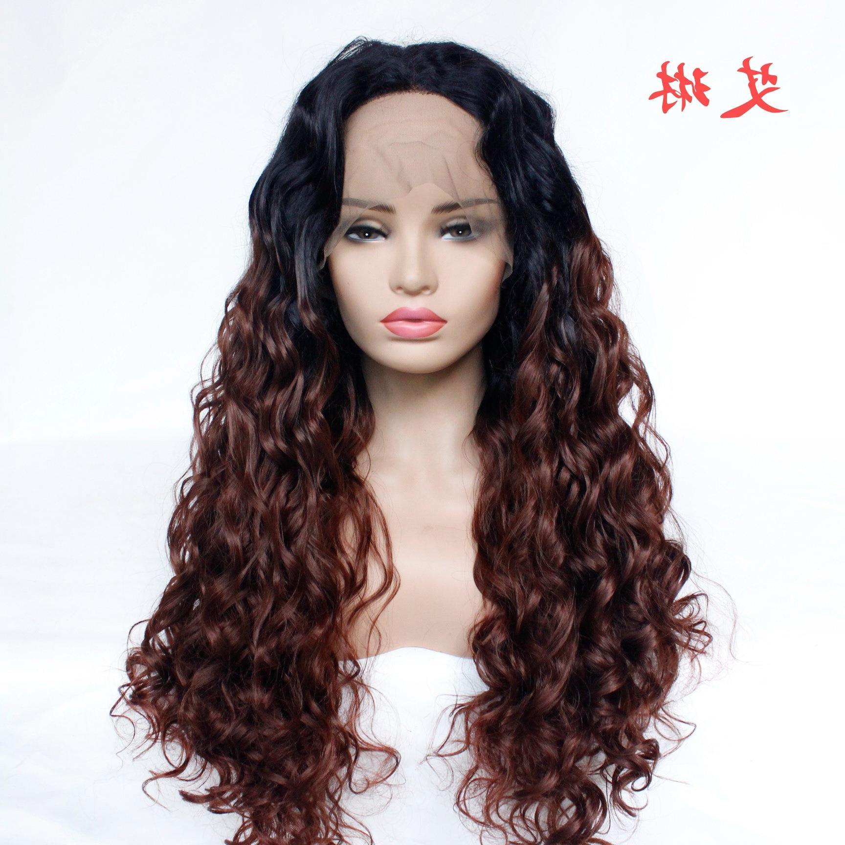 欧美流行女士时尚黑色渐变栗色长卷发假发 化纤前蕾丝半手织头套