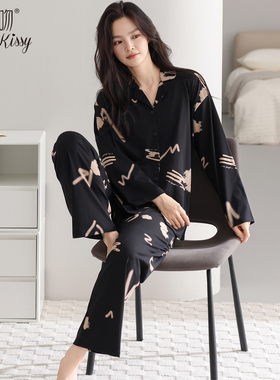 Huggy Kissy 2025简约睡衣女春秋纯棉情侣长袖长裤休闲家居服套装