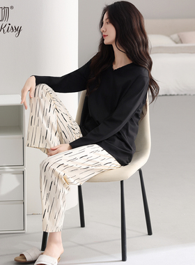 Huggy Kissy 2025新款睡衣女士春秋季纯棉长袖长裤简约家居服套装