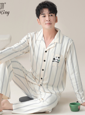 Huggy Kissy 情侣男士条纹熊猫翻领开衫睡衣秋冬季长袖家居服套装