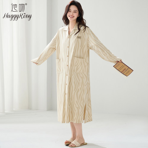 Huggy Kissy 2025新款舒适简约可外穿中老年睡裙女士春秋款连衣裙