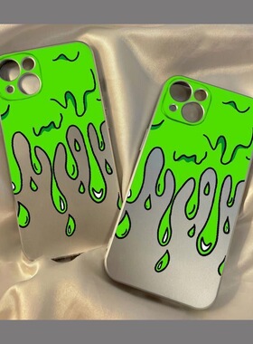 绿色油漆涂鸦苹果15promax手机壳14/13_xr新iPhone8plus_7银色电镀11_6