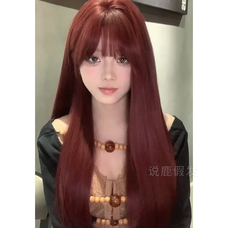 说鹿假发女长直发逼真自然甜美lolita女长发网红jk红色全头套假发