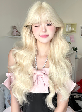 说鹿【爱丽丝】假发女长发齐刘海长卷发浅金米白仿全真人发全头套