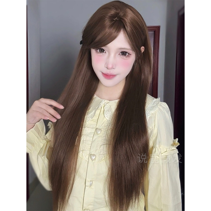 说鹿假发冬季新款女自然逼真刘海橘棕色长直发圆脸自然全头套