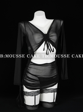 性感纯欲网纱透视抽褶黑色显瘦包臀裙情侣约会制服睡裙晴趣qqny