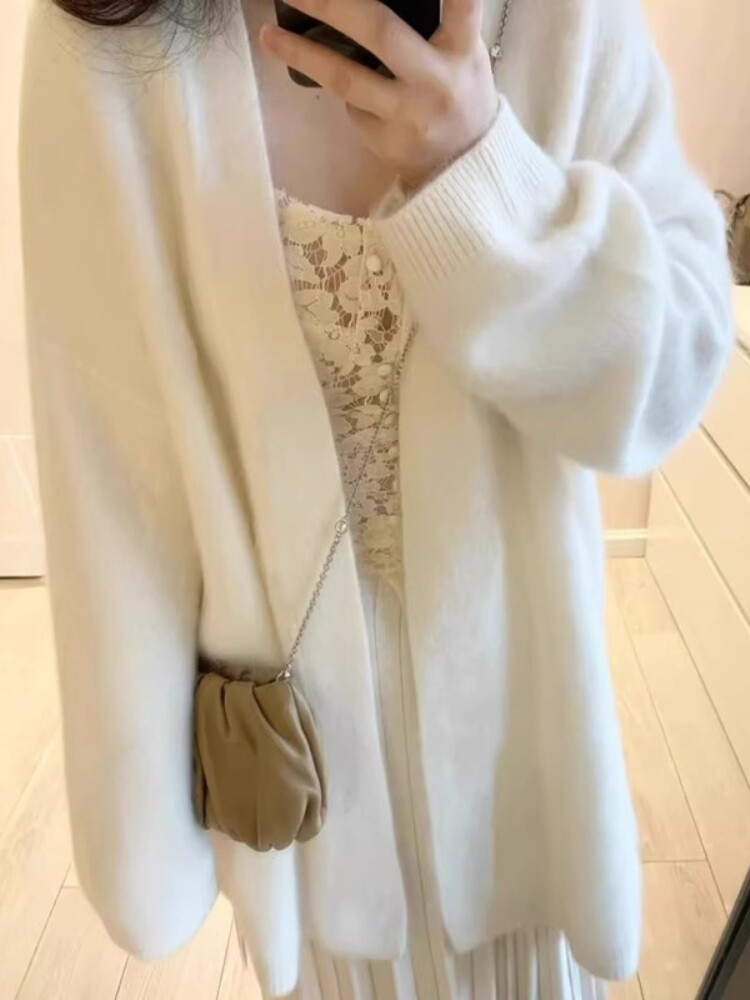 白色奶fufu彷水貂绒长袖软糯慵懒毛衣外套女秋冬季中长款针织开衫