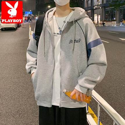 花花公子开衫卫衣男连帽春秋冬季ins潮宽松学生加绒加厚拉链外套