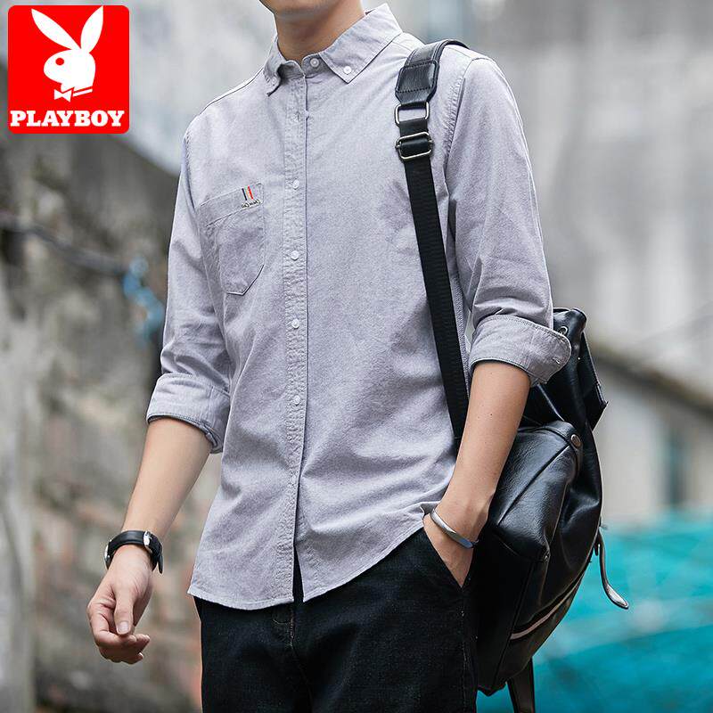 花花公子衬衫男长袖2023新款春秋季潮牌外穿休闲纯棉修身衬衣外套