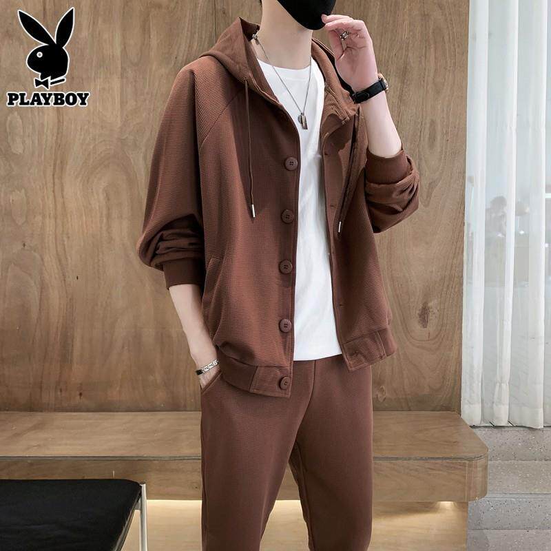 花花公子休闲运动套装男士春季新款连帽开衫卫衣潮流一套帅气搭配