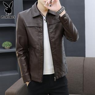 花花公子休闲皮衣男士翻领上衣服秋冬季2023新款机车皮夹克外套男