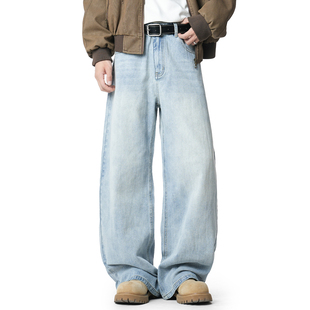 2026新款 休闲直筒裤 男生美式 男士 高街宽松水洗牛仔裤 吾一白春秋季